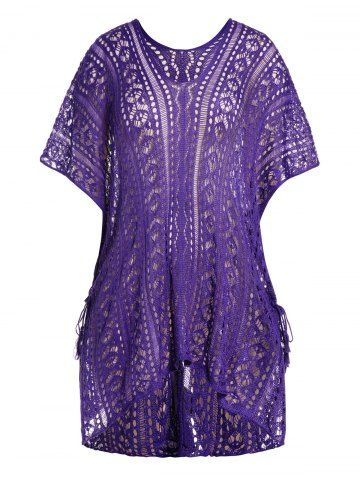 Plus Size Solid Color Hollow Out Cinched Knit Mini Cover-ups Dress - CONCORD - ONE SIZE