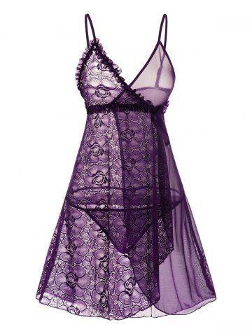 Flower Lace Panel Mesh Ruffle Bowknot Overlay Lingeries Top And T Back Lingeries Set - CONCORD - ONE SIZE