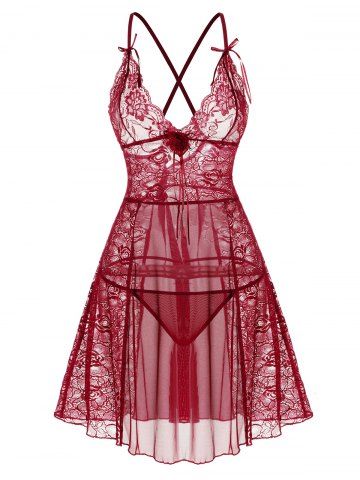 See Thru Flower Lace Mesh Adjustable Strap Lingerie Dress Set - DEEP RED - ONE SIZE