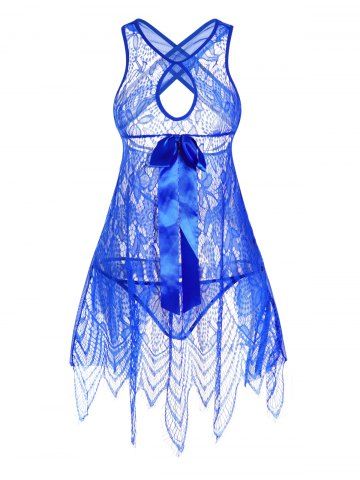 Hollow Out Lace Mesh Panel Cut Out Halter Crisscross Bowknot Asymmetric Lingeries Top And T Back Lingeries Set - BLUE - ONE SIZE