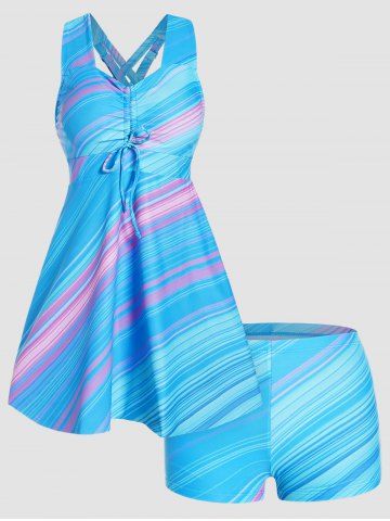 Modest Colored Striped Print Cinched Crisscross Padded Boyshorts Vacation Tankini Swimsuit - BLUE - M