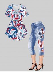 Tie Dye Printed Crisscross Tee and 3D Jeans Rose American Flag Printed Leggings Plus Size Summer Outfit -  