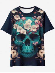 T-shirt Gothique Fleur Crâne Imprimée à Manches Courtes - Noir 6XL