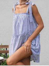 Vertical Stripe Print Bowknot Shoulder Ruffles Mini Babydoll Dress -  