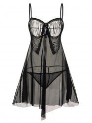 Hollow Out Tassel Sheer Mesh Lingerie Set -  