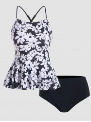 Floral Print Crossover Padded High Waist Tankini Swimsuit -  