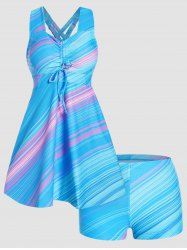 Ensemble de Bikini de Bain Tankini Croisé Modeste Rembourré Rayé Imprimé Swimwear de Vacance - Bleu XL
