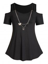 Plus Size Cold Shoulder Cut Out Butterfly Chain Embellishment T Shirt -  
