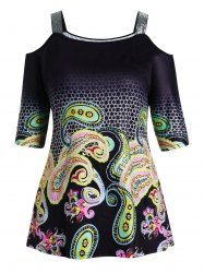 Plus Size Geometric Paisley Print Sequined Strap Cold Shoulder T Shirt -  
