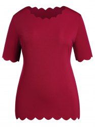 Plus Size Plain Color Scalloped Scoop Neck Half Sleeve Casual T Shirt -  