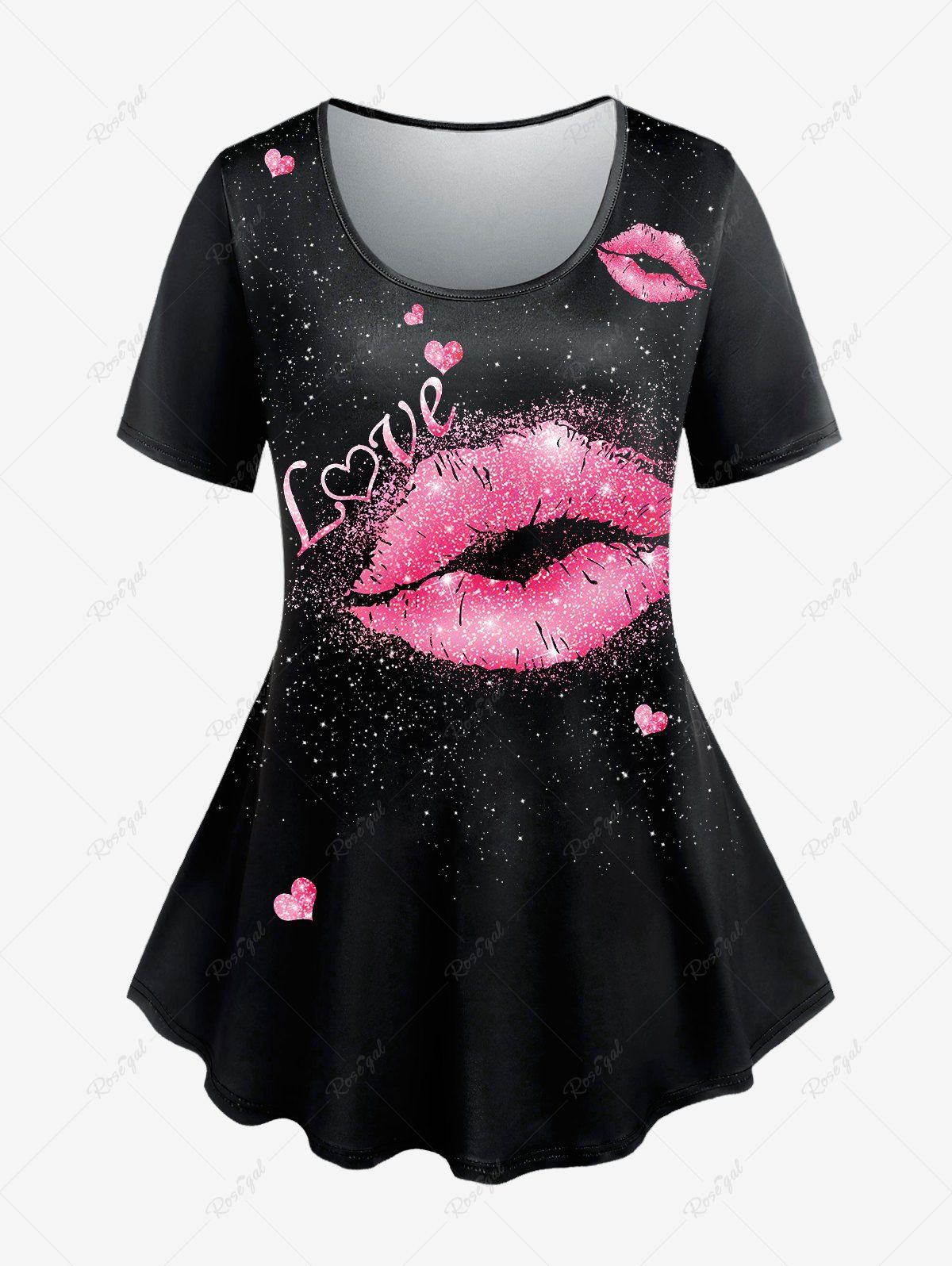 Store Plus Size Valentines Love Heart Lip Printed Short Sleeves Tee  