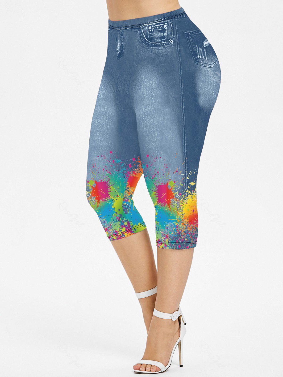 Fancy Plus Size 3D Jeans Paint Splatter Printed Capri Leggings  