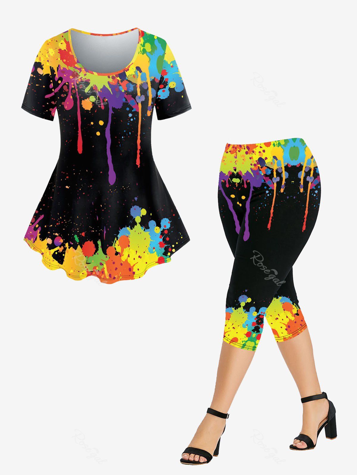 Best Paint Splatter Printed Short Sleeves Tee and Leggings Plus Size Matching Set  