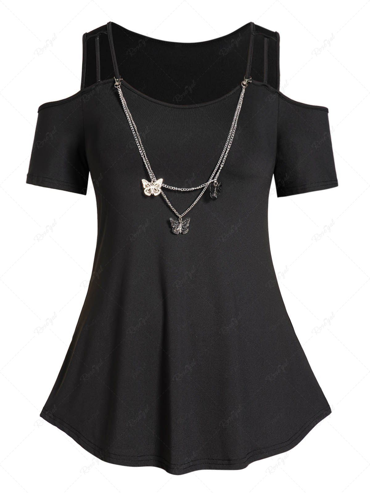 Online Plus Size Cold Shoulder Cut Out Butterfly Chain Embellishment T Shirt  