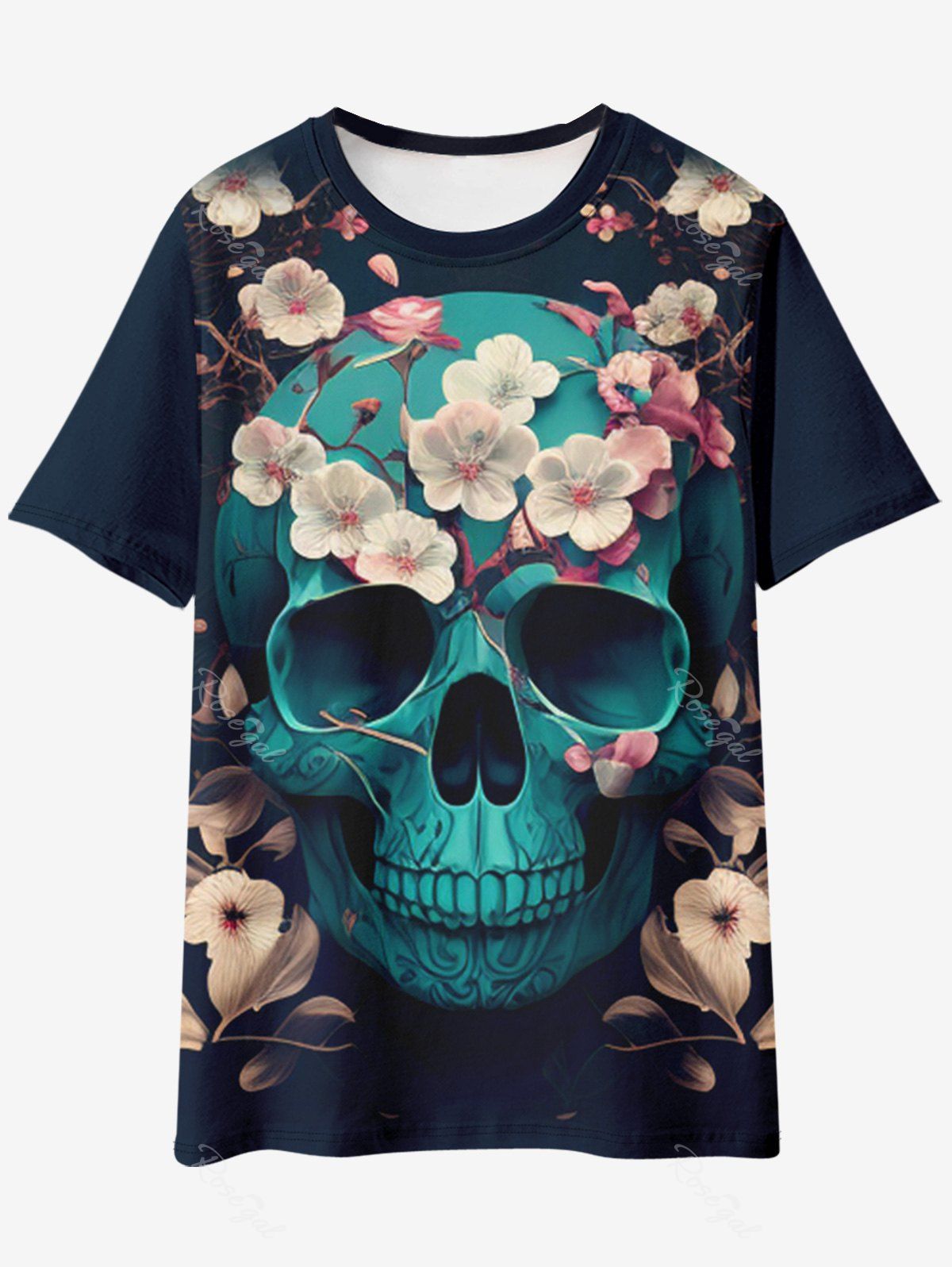 T-shirt Gothique Fleur Crâne Imprimée à Manches Courtes Noir 6XL