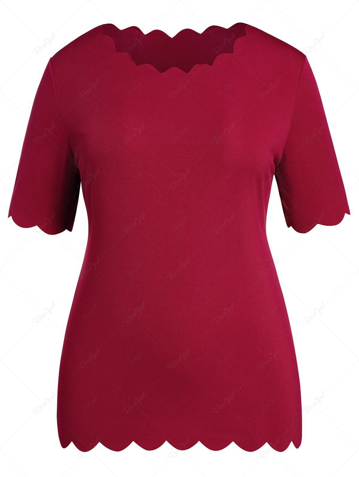 Buy Plus Size Plain Color Scalloped Scoop Neck Half Sleeve Casual T Shirt  