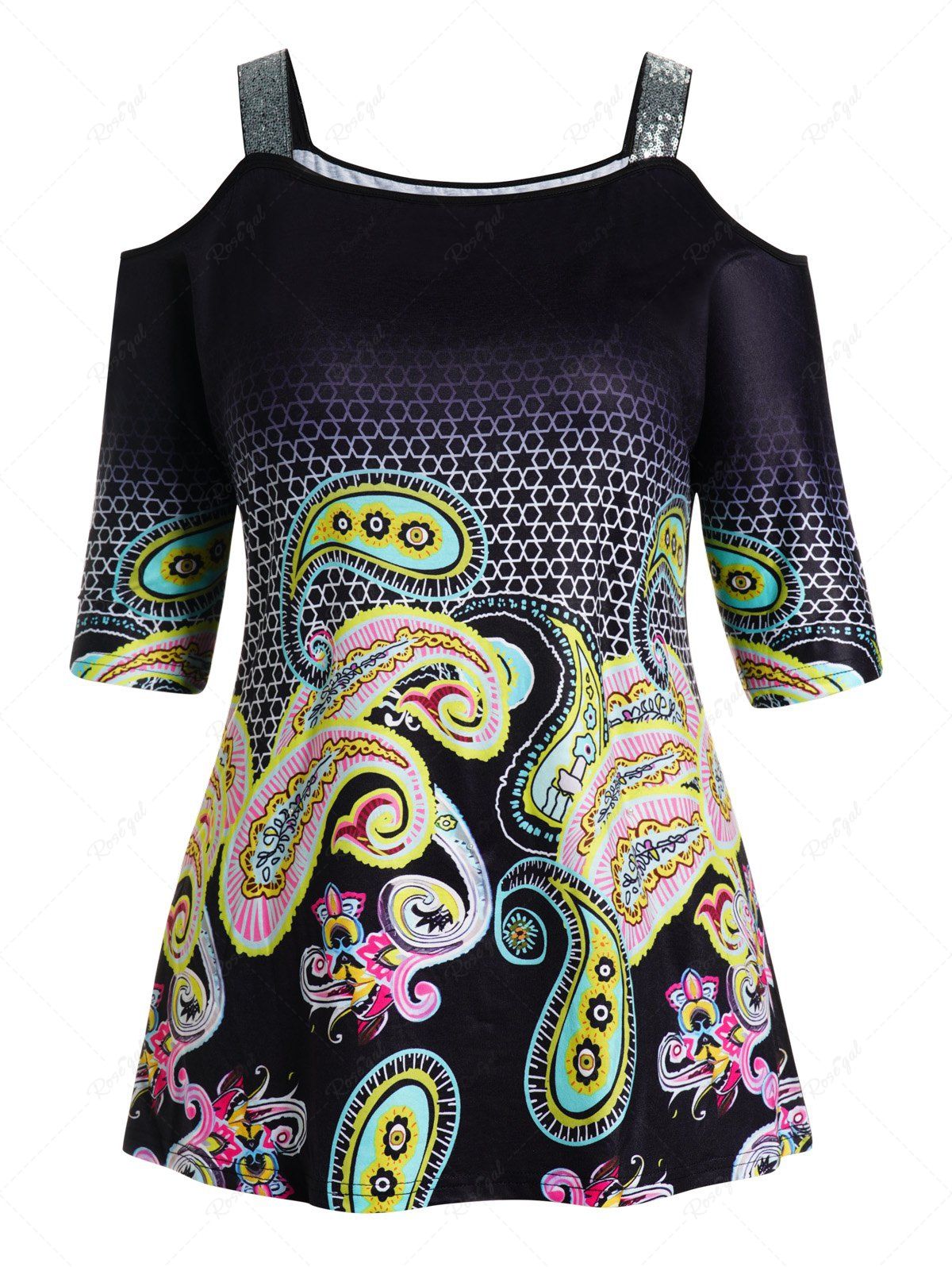 Hot Plus Size Geometric Paisley Print Sequined Strap Cold Shoulder T Shirt  