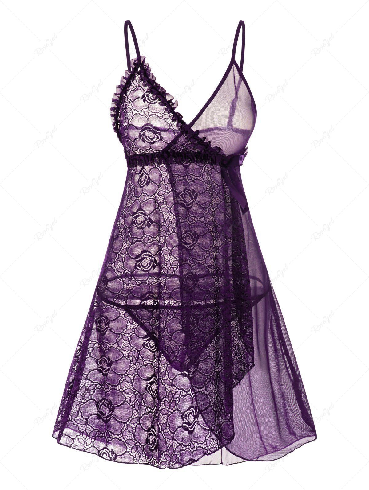 New Flower Lace Panel Mesh Ruffle Bowknot Overlay Lingeries Top And T Back Lingeries Set  