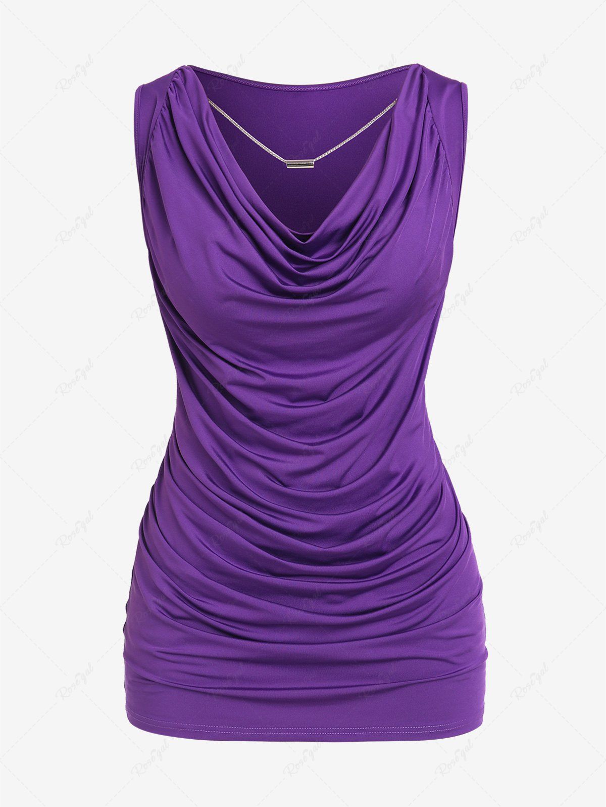 New Plus Size Draped Ruched Cowl Neck Tank Top with Chain  