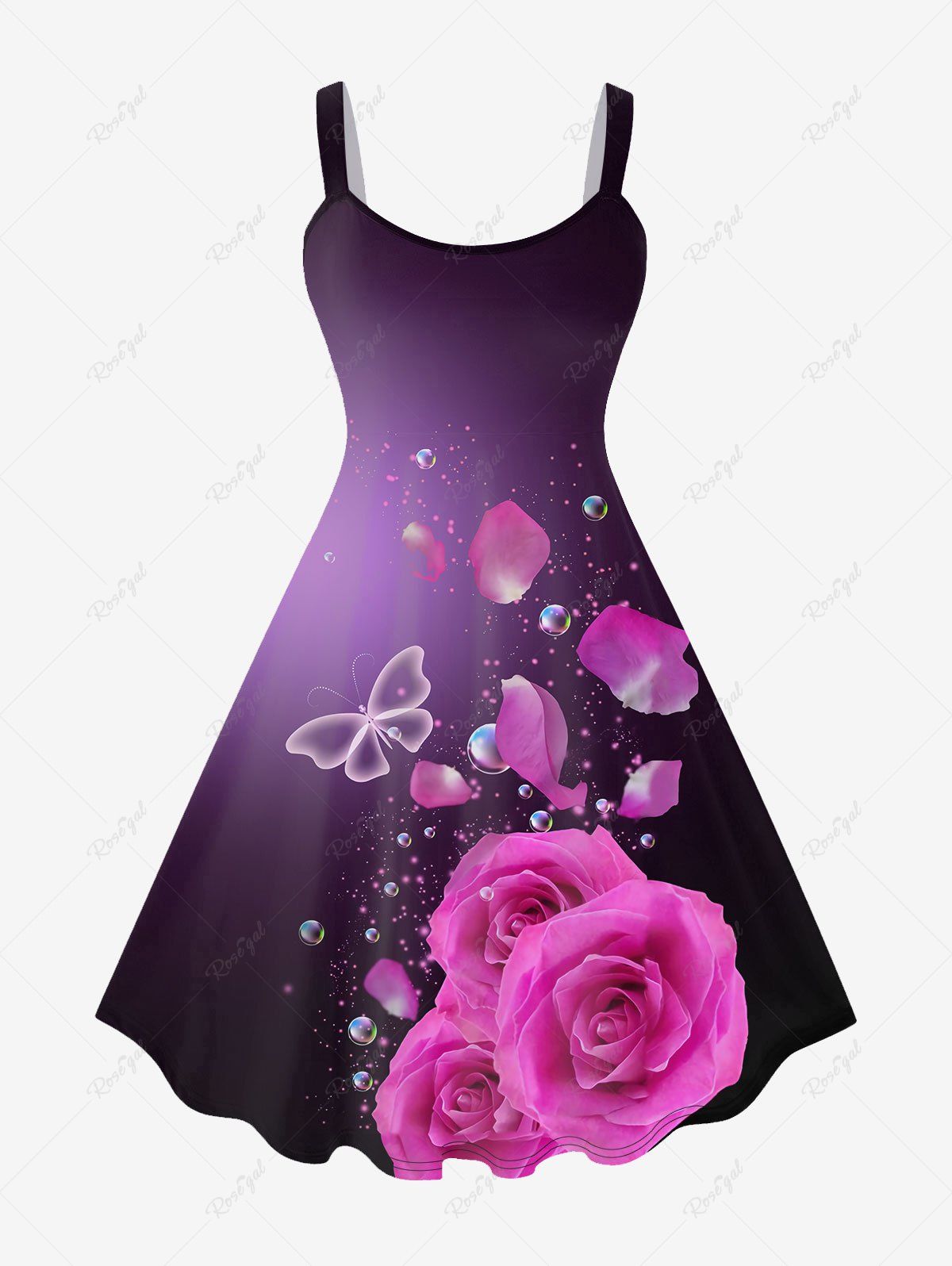 Store Plus Size 3D Rose Butterfly Bubbles Printed Backless A Line Dress  