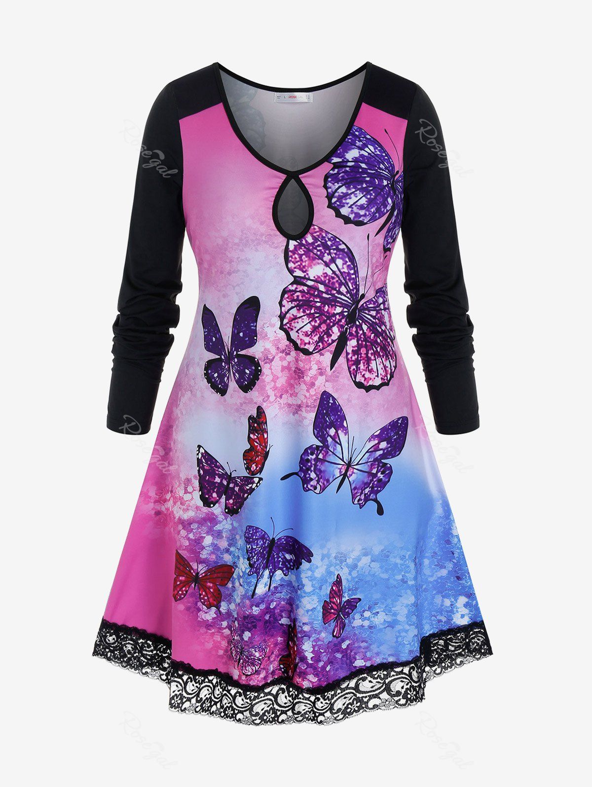 New Plus Size Tie Dye Butterfly Print Lace Insert Keyhole T-shirt  