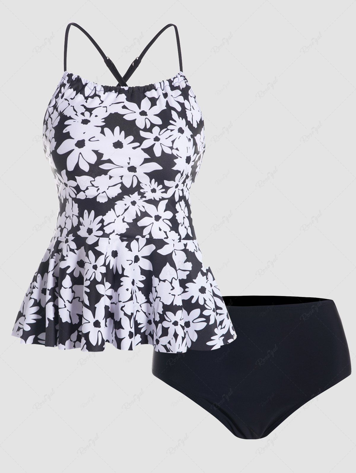 Trendy Floral Print Crossover Padded High Waist Tankini Swimsuit  
