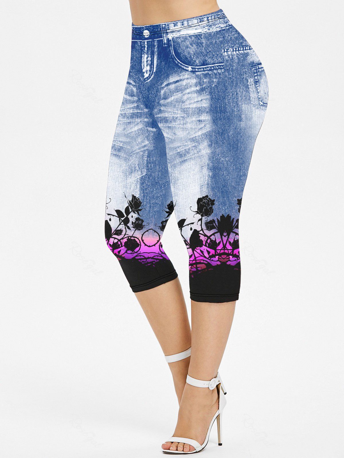 Store Plus Size 3D Jeans Flower Printed Ombre Capri Leggings  