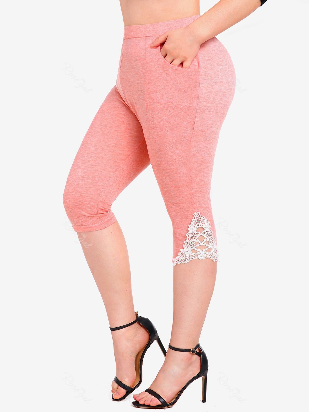 Fashion Plus Size Contrast Lace Panel Pocket Capri Leggings  