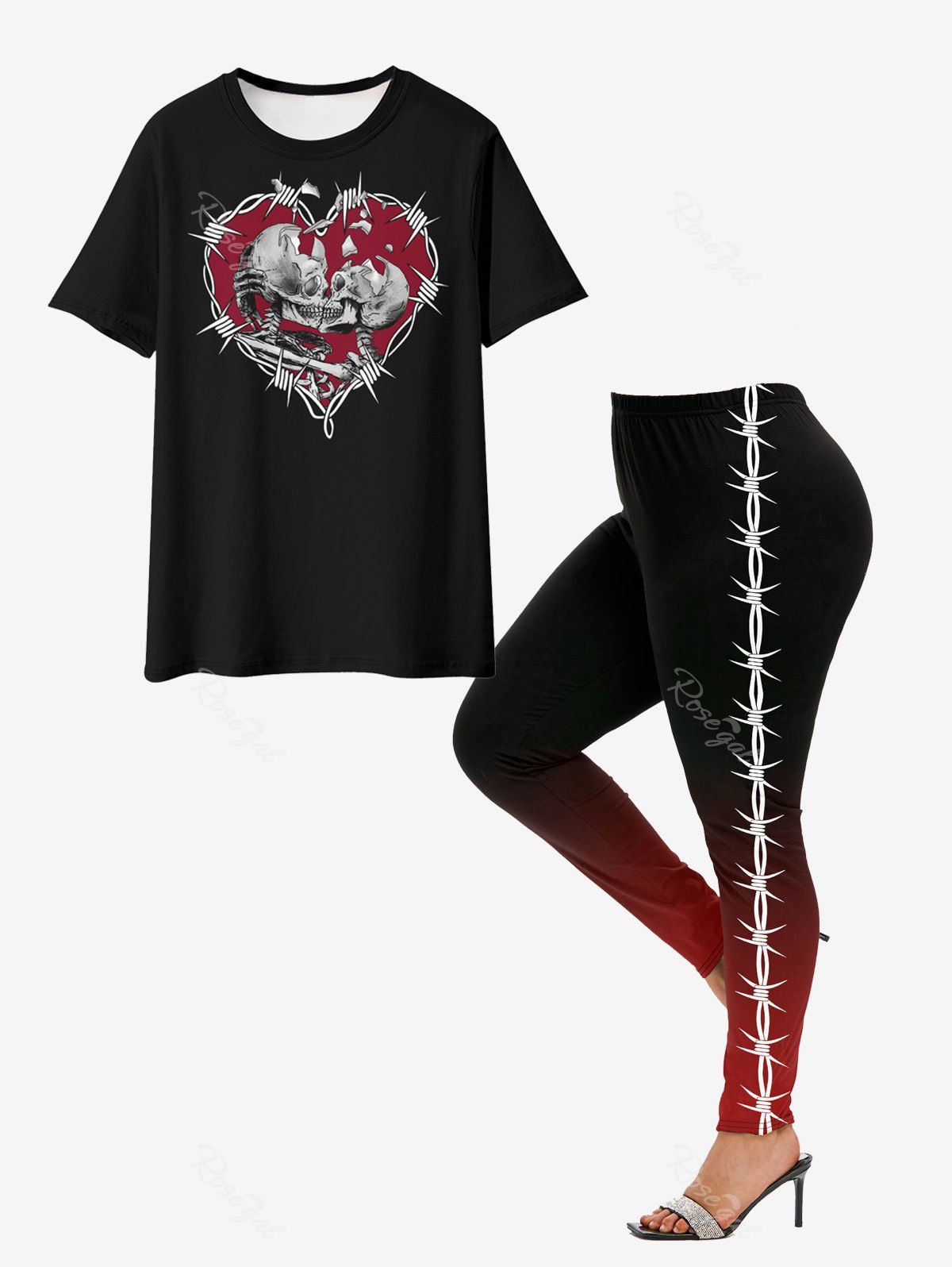 T-shirt Ombre à Motif Squelette avec Coeur Saint-Valentin Grande Taille Rouge 