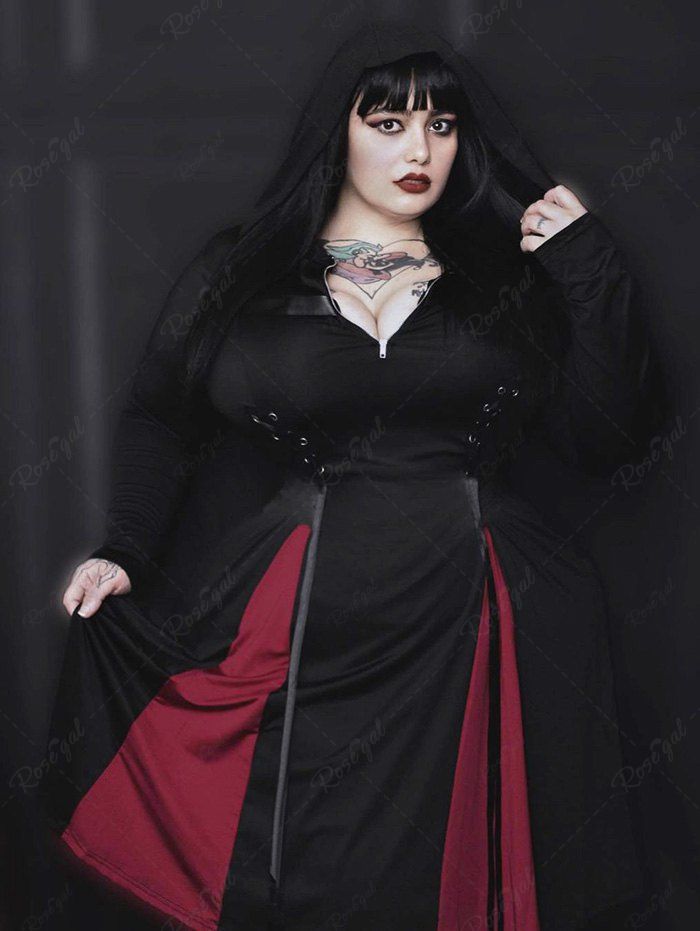 Hot Lace Up Harness Half Zipper Hooded Godet A Line Gothic Midi Dress  