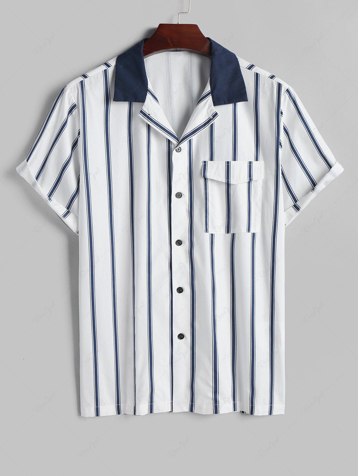 Chic Colorblock Flap Pocket Design Short Sleeves Striped Shirt  
