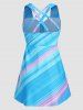 Ensemble de Bikini de Bain Tankini Croisé Modeste Rembourré Rayé Imprimé Swimwear de Vacance - Bleu XL