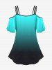 Plus Size Feathers Printed Ombre Cold Shoulder T-shirt -  