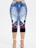 Plus Size 3D Jeans Flower Printed Ombre Capri Leggings -  