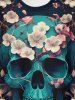 Gothic Skull Flower Print Short Sleeve T-shirt -  