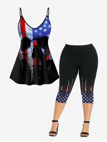 Gothic American Flag Skull Print Cami Top and Patriotic American Flag Print Leggings Outfit - BLACK