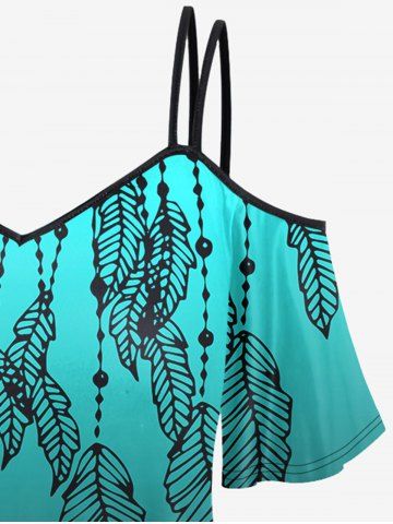 Feathers Printed Ombre Cold Shoulder Tee and Leggings Plus Size Matching Set