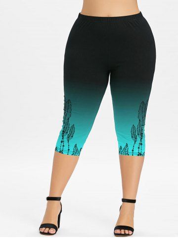 Feathers Printed Ombre Cold Shoulder Tee and Leggings Plus Size Matching Set