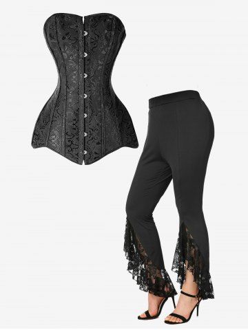 Gothic Lace-up Boning Hourglass Body Shaper Brocade Corset And Plus Size Lace Panel Slit High Rise Flare Pants Gothic Outfit - BLACK