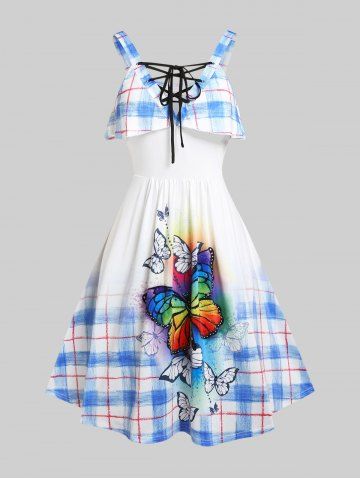 Plus Size & Curve Ruffled Butterfly Print Lace Up Dress