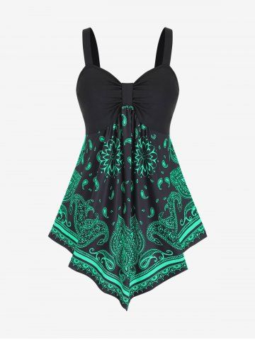 Plus Size Paisley Flower Asymmetrical Tank Top - DEEP GREEN - 1X | US 14-16