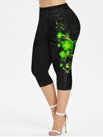 Plus Size St Patrick's Day 3D Jeans Clovers Printed Capri Leggings - GREEN - L | US 12