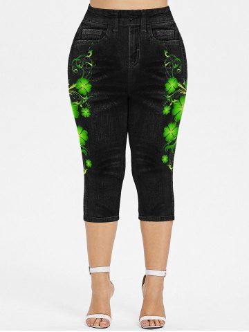 Plus Size St Patrick's Day 3D Jeans Clovers Printed Capri Leggings