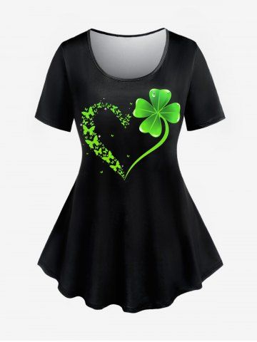 Plus Size St Patrick's Day Clovers Heart Printed Short Sleeves Tee - GREEN - L | US 12