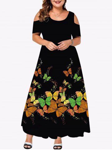 Plus Size Butterfly Printed Open Shoulder A Line Dress