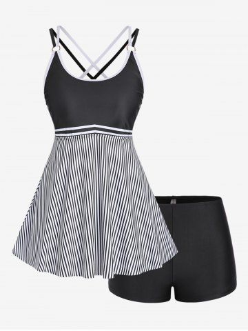 Plus Size Stripes Padded Boyleg Strappy Tankini Swimsuit - BLACK - L | US 12