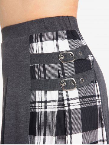 Plus Size Checked Panel Buckle Pleated Culotte Pants