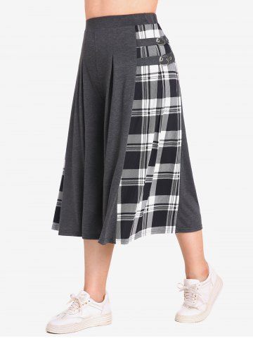 Plus Size Checked Panel Buckle Pleated Culotte Pants