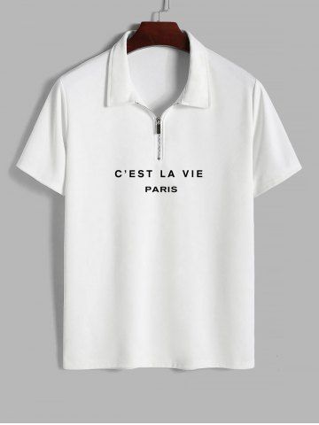 T-shirt à Imprimé C'EST LA VIE PARIS à Demi-Zip à Col Polo  - WHITE - XL