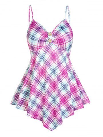 Plus Size Plaid Print Mock Button Asymmetric Tank Top - LIGHT PURPLE - 4X